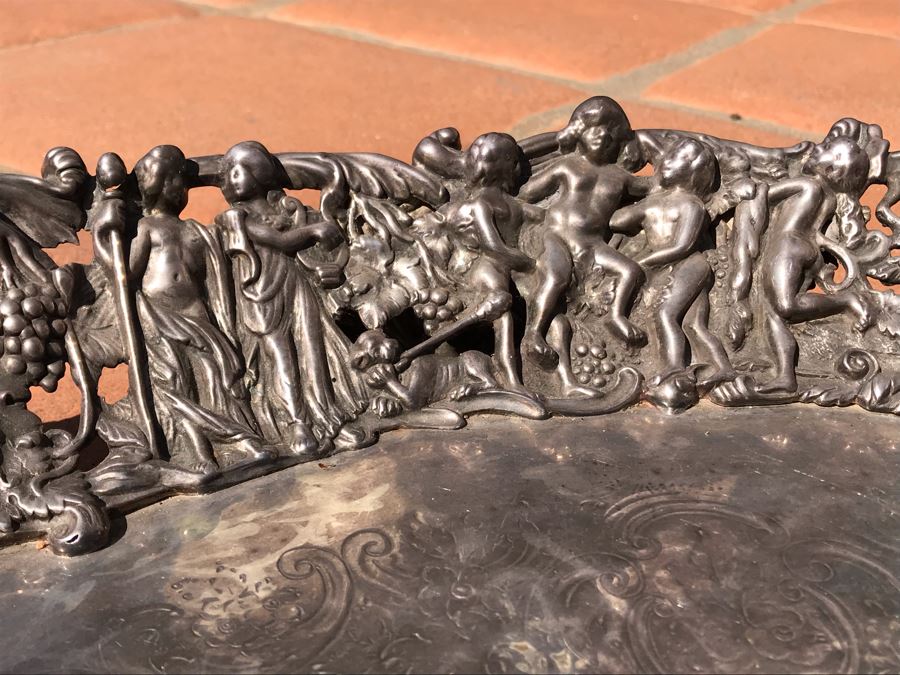 JUST ADDED - Stunning Art Nouveau Deep Relief Repousse Silverplate Footed Serving Tray Detailed Scenes Depicted Around Perimeter Including Hunting Scenes, Bacchus, Narcissus - See Photos 24R X 3H (MOE) [Photo 16]