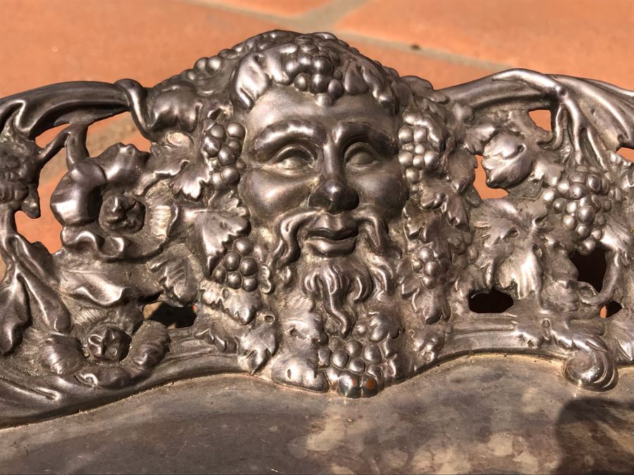 JUST ADDED - Stunning Art Nouveau Deep Relief Repousse Silverplate Footed Serving Tray Detailed Scenes Depicted Around Perimeter Including Hunting Scenes, Bacchus, Narcissus - See Photos 24R X 3H (MOE) [Photo 9]