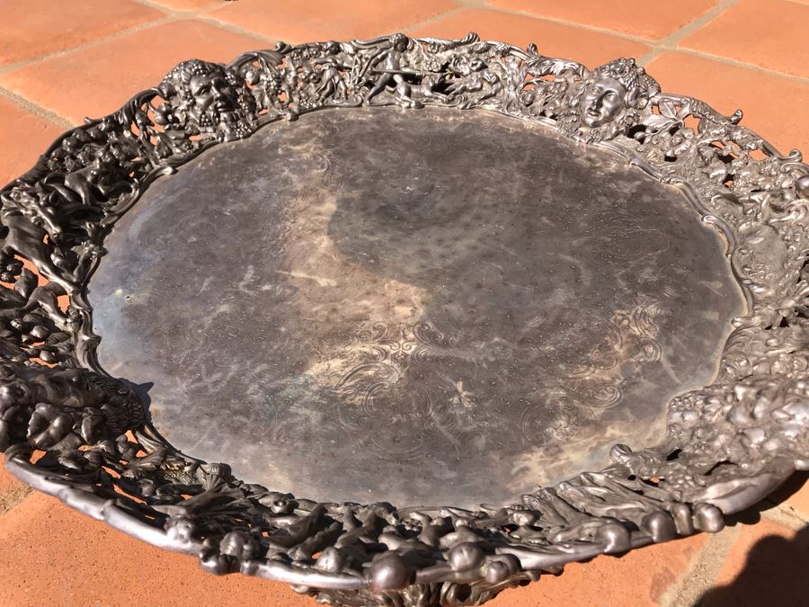 JUST ADDED - Stunning Art Nouveau Deep Relief Repousse Silverplate Footed Serving Tray Detailed Scenes Depicted Around Perimeter Including Hunting Scenes, Bacchus, Narcissus - See Photos 24R X 3H (MOE) [Photo 3]