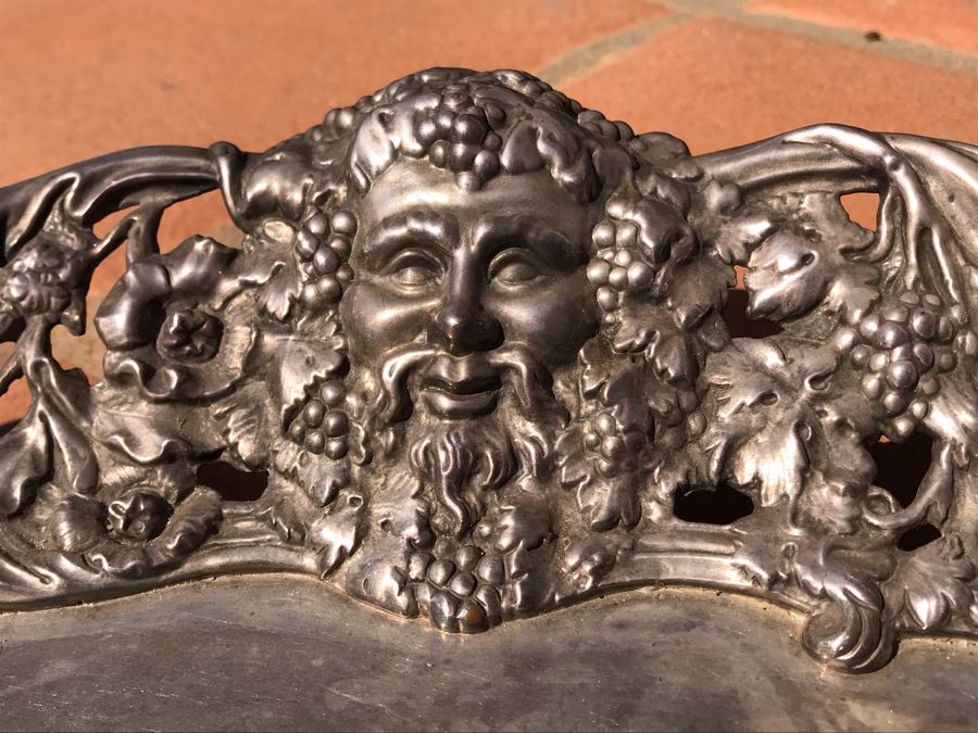 JUST ADDED - Stunning Art Nouveau Deep Relief Repousse Silverplate Footed Serving Tray Detailed Scenes Depicted Around Perimeter Including Hunting Scenes, Bacchus, Narcissus - See Photos 24R X 3H (MOE) [Photo 10]