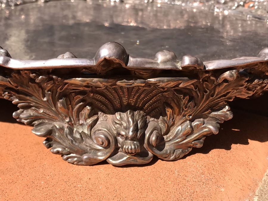 JUST ADDED - Stunning Art Nouveau Deep Relief Repousse Silverplate Footed Serving Tray Detailed Scenes Depicted Around Perimeter Including Hunting Scenes, Bacchus, Narcissus - See Photos 24R X 3H (MOE) [Photo 25]