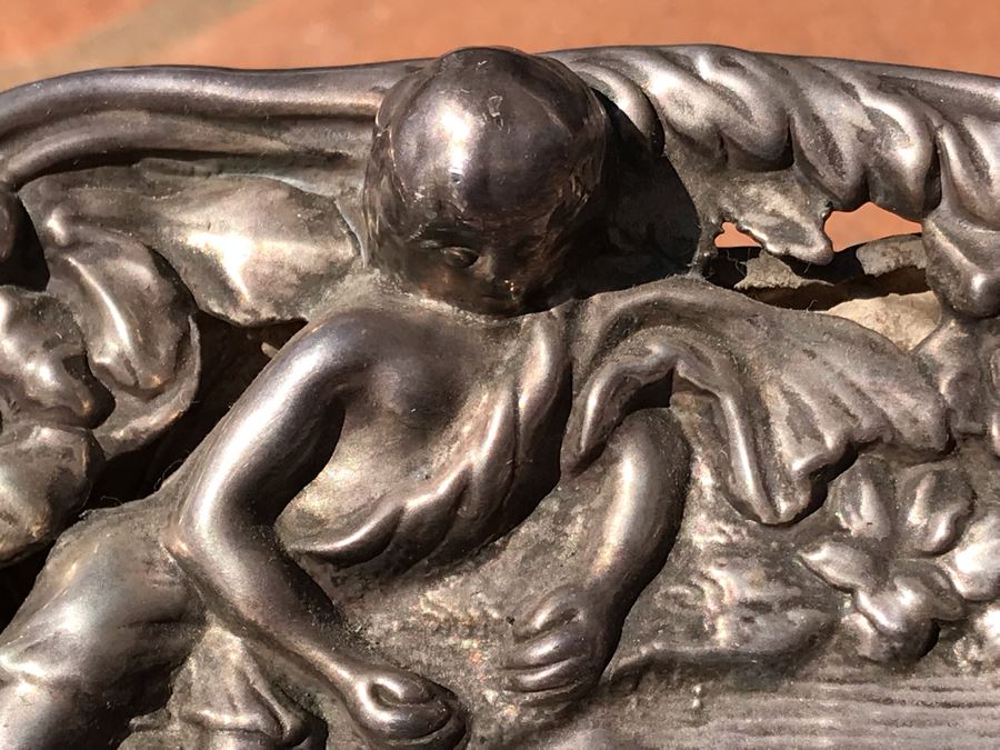 JUST ADDED - Stunning Art Nouveau Deep Relief Repousse Silverplate Footed Serving Tray Detailed Scenes Depicted Around Perimeter Including Hunting Scenes, Bacchus, Narcissus - See Photos 24R X 3H (MOE) [Photo 23]