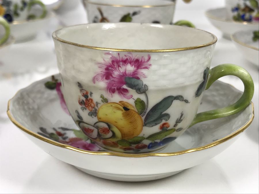 JUST ADDED - Vintage Herend Hungary Hand-Painted Teapot 9H (One Of The Stoppers Underneath Lid Is Chipped) With Eight Demitasse Cups 2.5W And Saucers And Small Dish [Photo 3]