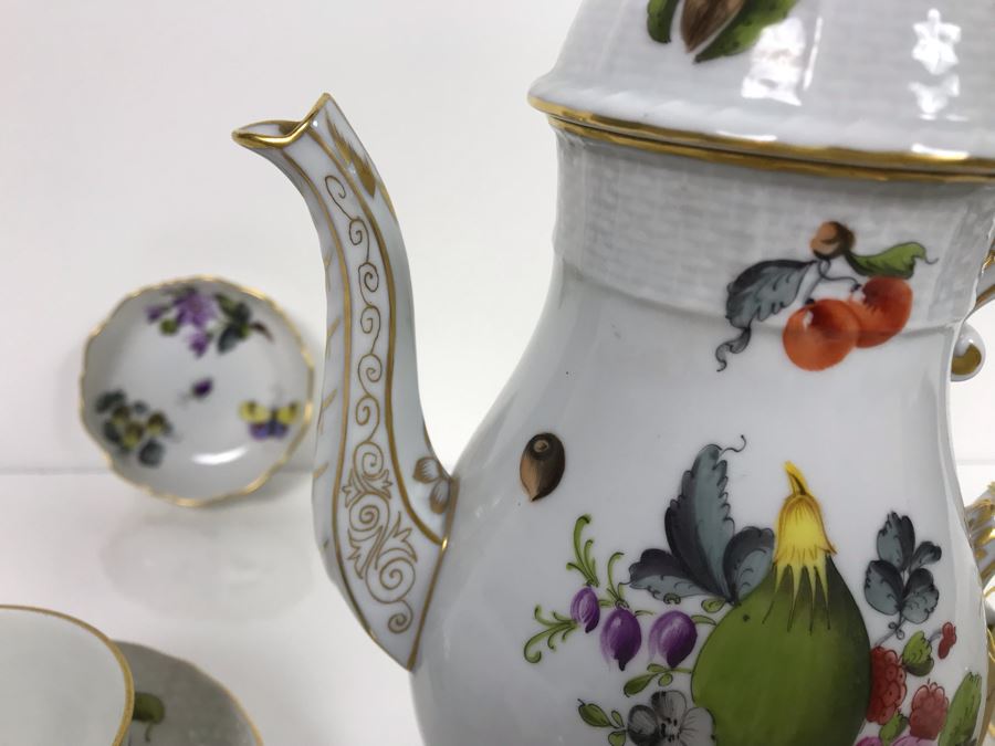 JUST ADDED - Vintage Herend Hungary Hand-Painted Teapot 9H (One Of The Stoppers Underneath Lid Is Chipped) With Eight Demitasse Cups 2.5W And Saucers And Small Dish [Photo 15]