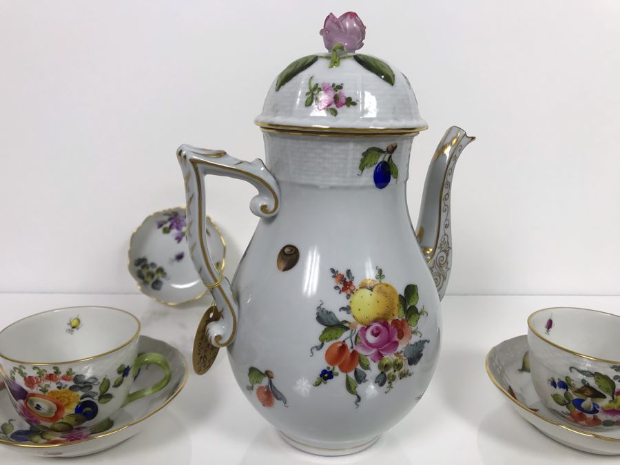 JUST ADDED - Vintage Herend Hungary Hand-Painted Teapot 9H (One Of The Stoppers Underneath Lid Is Chipped) With Eight Demitasse Cups 2.5W And Saucers And Small Dish [Photo 17]