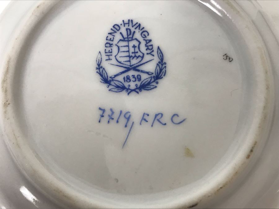 JUST ADDED - Vintage Herend Hungary Hand-Painted Teapot 9H (One Of The Stoppers Underneath Lid Is Chipped) With Eight Demitasse Cups 2.5W And Saucers And Small Dish [Photo 24]