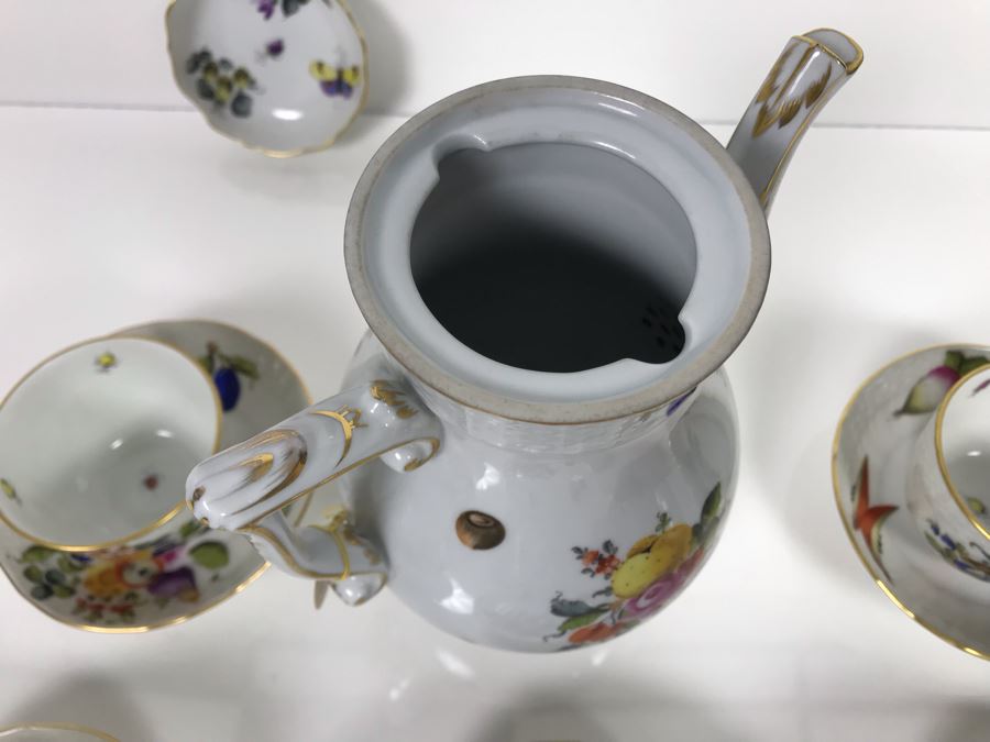 JUST ADDED - Vintage Herend Hungary Hand-Painted Teapot 9H (One Of The Stoppers Underneath Lid Is Chipped) With Eight Demitasse Cups 2.5W And Saucers And Small Dish [Photo 18]