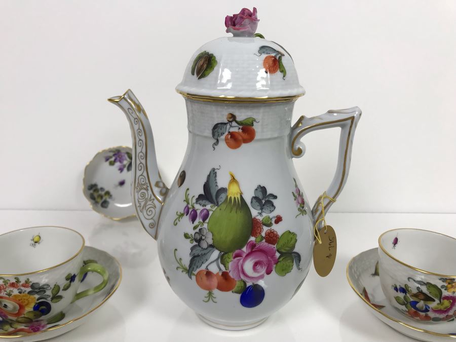 JUST ADDED - Vintage Herend Hungary Hand-Painted Teapot 9H (One Of The Stoppers Underneath Lid Is Chipped) With Eight Demitasse Cups 2.5W And Saucers And Small Dish [Photo 27]