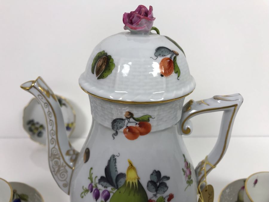 JUST ADDED - Vintage Herend Hungary Hand-Painted Teapot 9H (One Of The Stoppers Underneath Lid Is Chipped) With Eight Demitasse Cups 2.5W And Saucers And Small Dish [Photo 14]