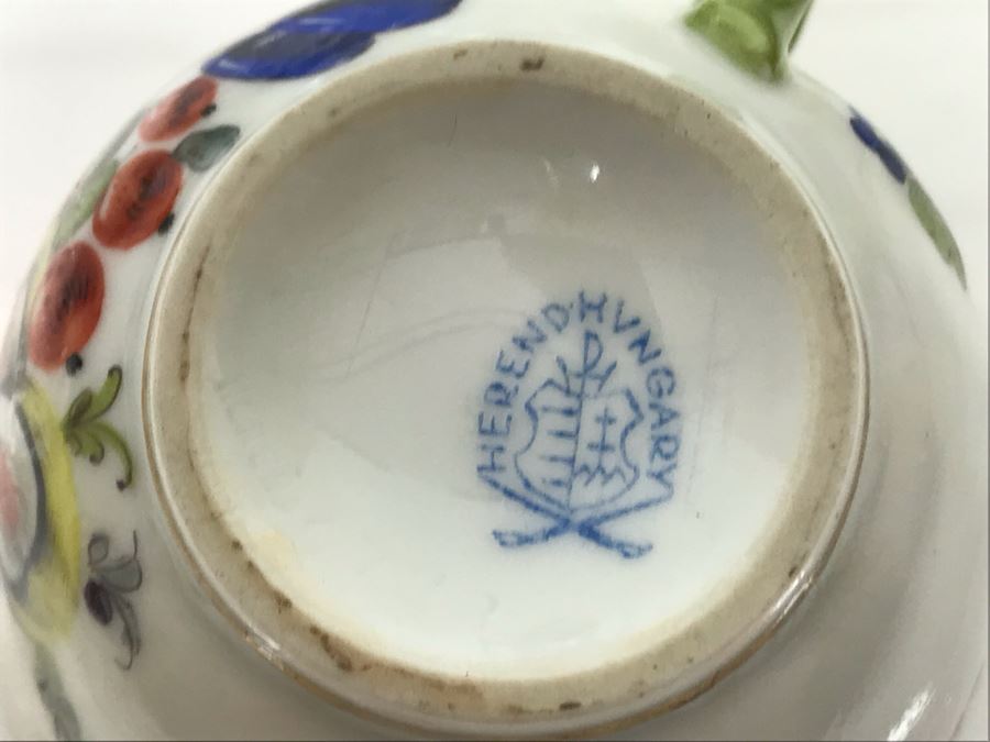 JUST ADDED - Vintage Herend Hungary Hand-Painted Teapot 9H (One Of The Stoppers Underneath Lid Is Chipped) With Eight Demitasse Cups 2.5W And Saucers And Small Dish [Photo 12]