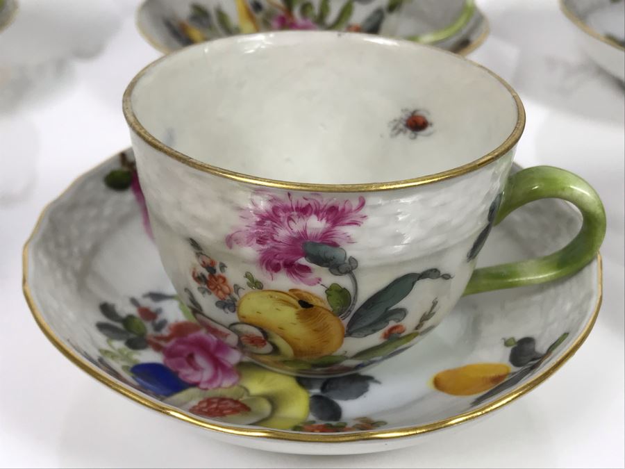 JUST ADDED - Vintage Herend Hungary Hand-Painted Teapot 9H (One Of The Stoppers Underneath Lid Is Chipped) With Eight Demitasse Cups 2.5W And Saucers And Small Dish [Photo 4]