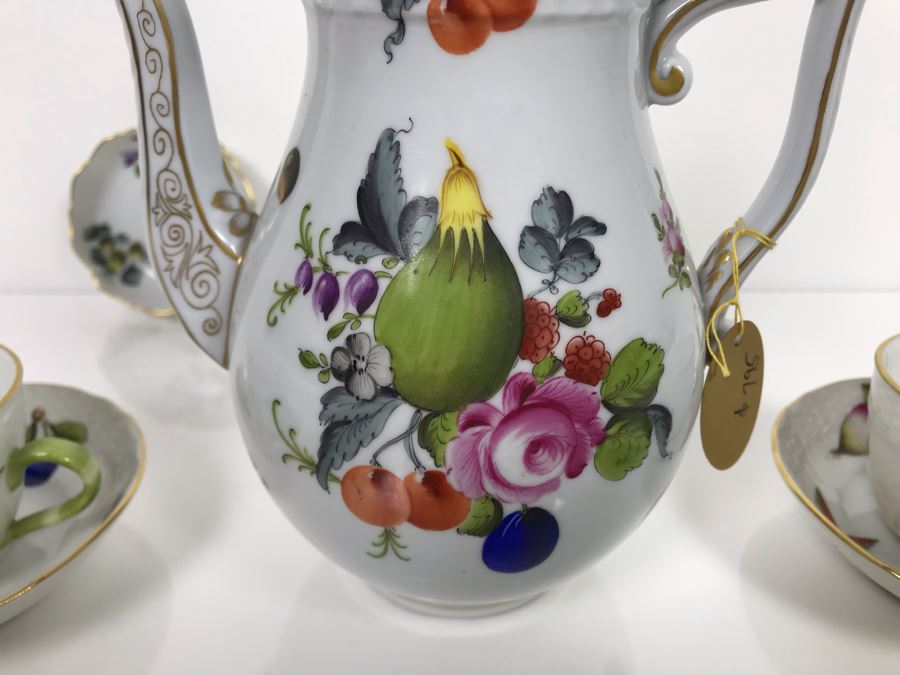 JUST ADDED - Vintage Herend Hungary Hand-Painted Teapot 9H (One Of The Stoppers Underneath Lid Is Chipped) With Eight Demitasse Cups 2.5W And Saucers And Small Dish [Photo 13]
