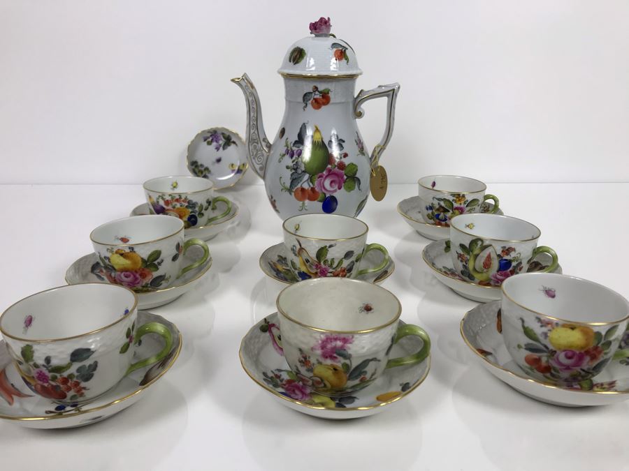 JUST ADDED - Vintage Herend Hungary Hand-Painted Teapot 9H (One Of The Stoppers Underneath Lid Is Chipped) With Eight Demitasse Cups 2.5W And Saucers And Small Dish [Photo 2]