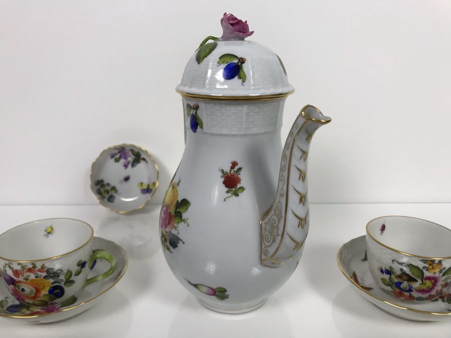JUST ADDED - Vintage Herend Hungary Hand-Painted Teapot 9H (One Of The Stoppers Underneath Lid Is Chipped) With Eight Demitasse Cups 2.5W And Saucers And Small Dish [Photo 16]
