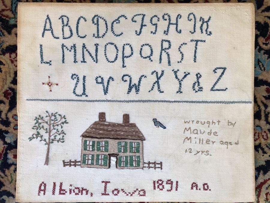 JUST ADDED - Antique 1891 Sampler Albion, Iowa 12.5W X 10.5H [Photo 2]