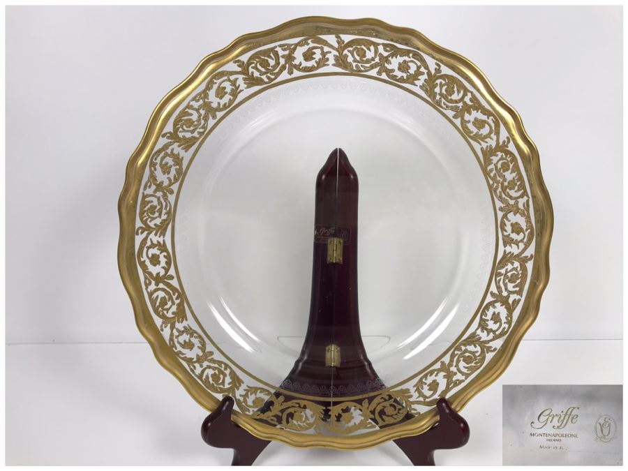 JUST ADDED - High End Hand Crafted Glass - Griffe Montenapoleone Milano By Vetrerie Di Empoli Gold Painted Italian 13' Plate Retails $1,000+ (MOE)