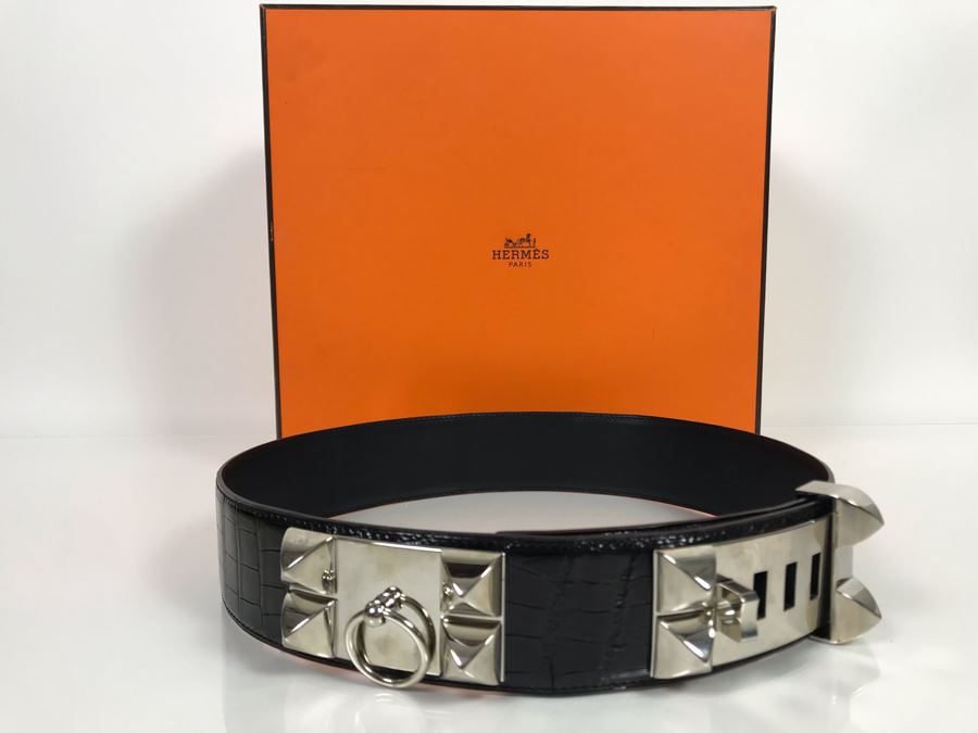 JUST ADDED - Vintage Women's Hermès Collier De Chien Black Leather And Silver Belt With Original Box Made In France Paris 80 C5 (Miss Oregon Estate - MOE) [Photo 3]