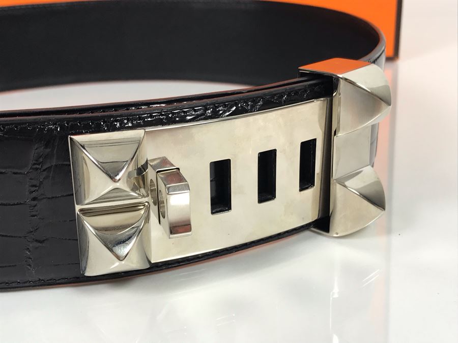 JUST ADDED - Vintage Women's Hermès Collier De Chien Black Leather And Silver Belt With Original Box Made In France Paris 80 C5 (Miss Oregon Estate - MOE) [Photo 6]