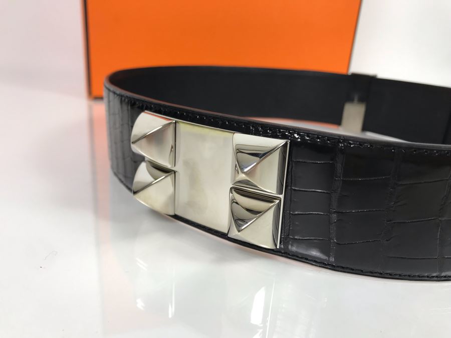 JUST ADDED - Vintage Women's Hermès Collier De Chien Black Leather And Silver Belt With Original Box Made In France Paris 80 C5 (Miss Oregon Estate - MOE) [Photo 8]