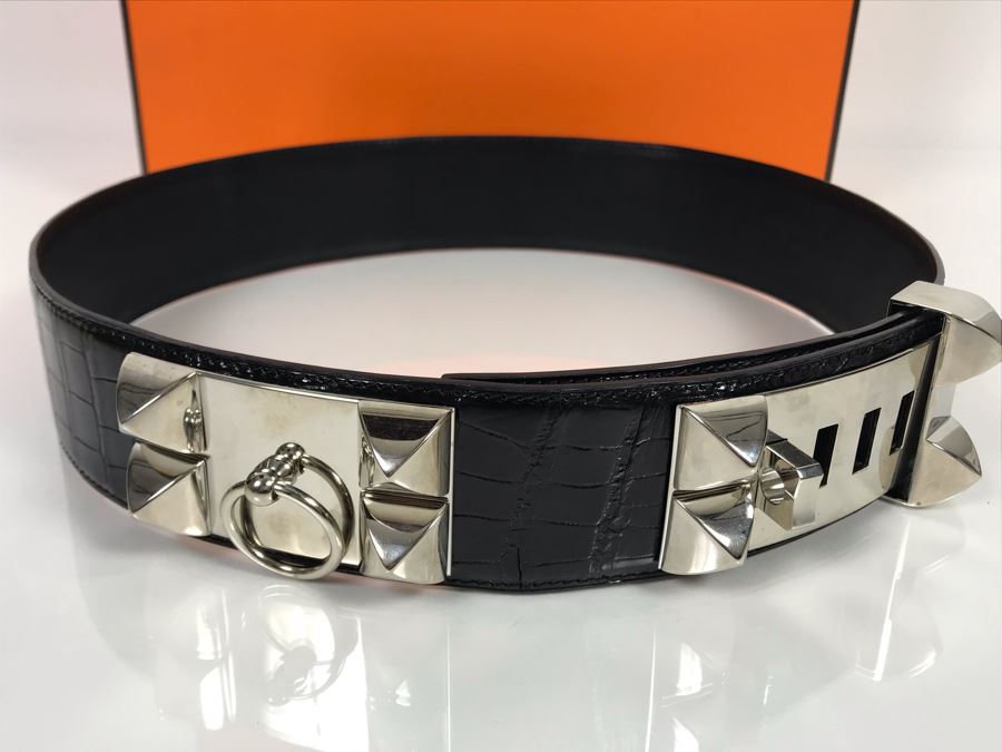 JUST ADDED - Vintage Women's Hermès Collier De Chien Black Leather And Silver Belt With Original Box Made In France Paris 80 C5 (Miss Oregon Estate - MOE) [Photo 4]