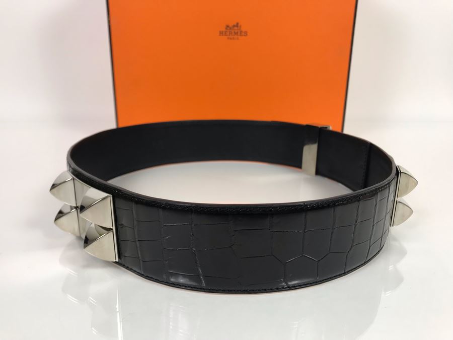 JUST ADDED - Vintage Women's Hermès Collier De Chien Black Leather And Silver Belt With Original Box Made In France Paris 80 C5 (Miss Oregon Estate - MOE) [Photo 7]