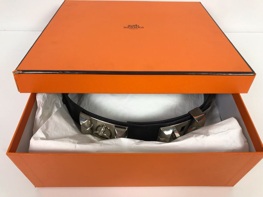 JUST ADDED - Vintage Women's Hermès Collier De Chien Black Leather And Silver Belt With Original Box Made In France Paris 80 C5 (Miss Oregon Estate - MOE) [Photo 16]