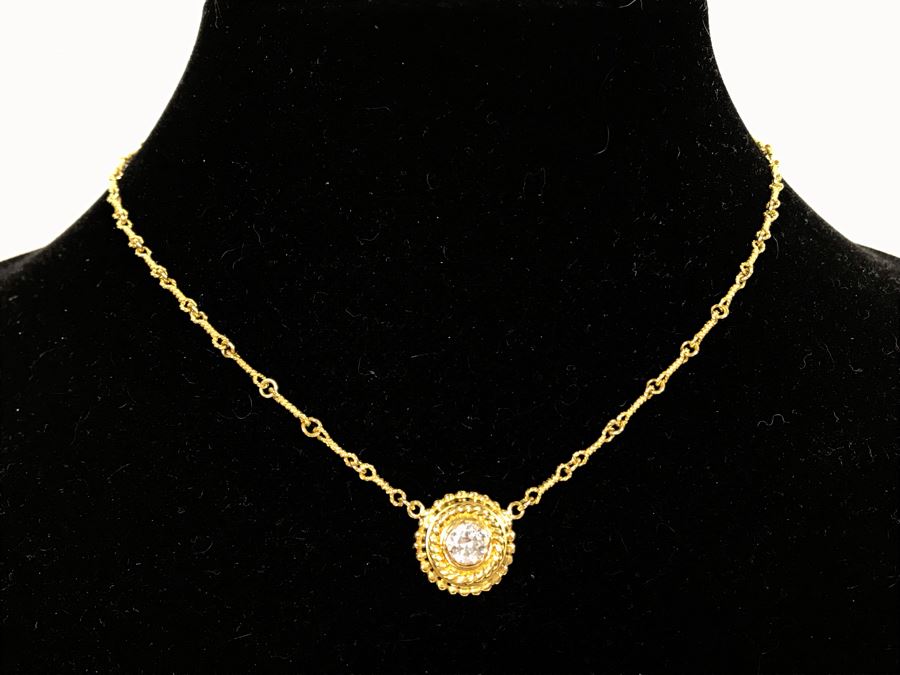 JUST ADDED - 18K Gold Chain Necklace With 18K Gold Pendant (Diamond Was Replaced With CZ Stone) 15'L Chain 10.8g (MOE) [Photo 2]