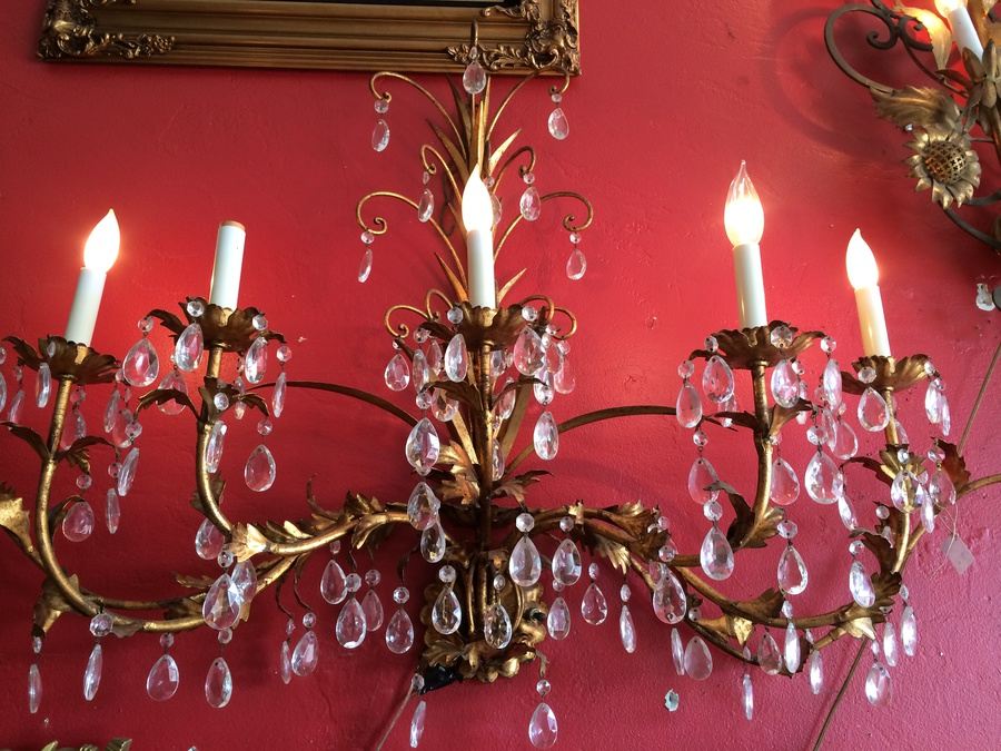 Large Vintage Gilded Wall Sconce with Crystals [Photo 1]