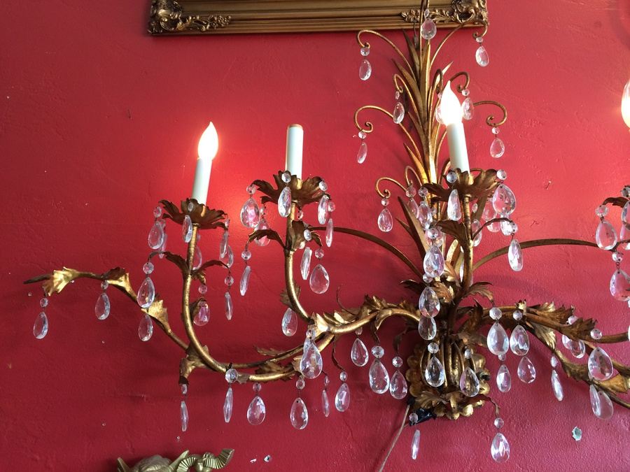 Large Vintage Gilded Wall Sconce with Crystals [Photo 2]