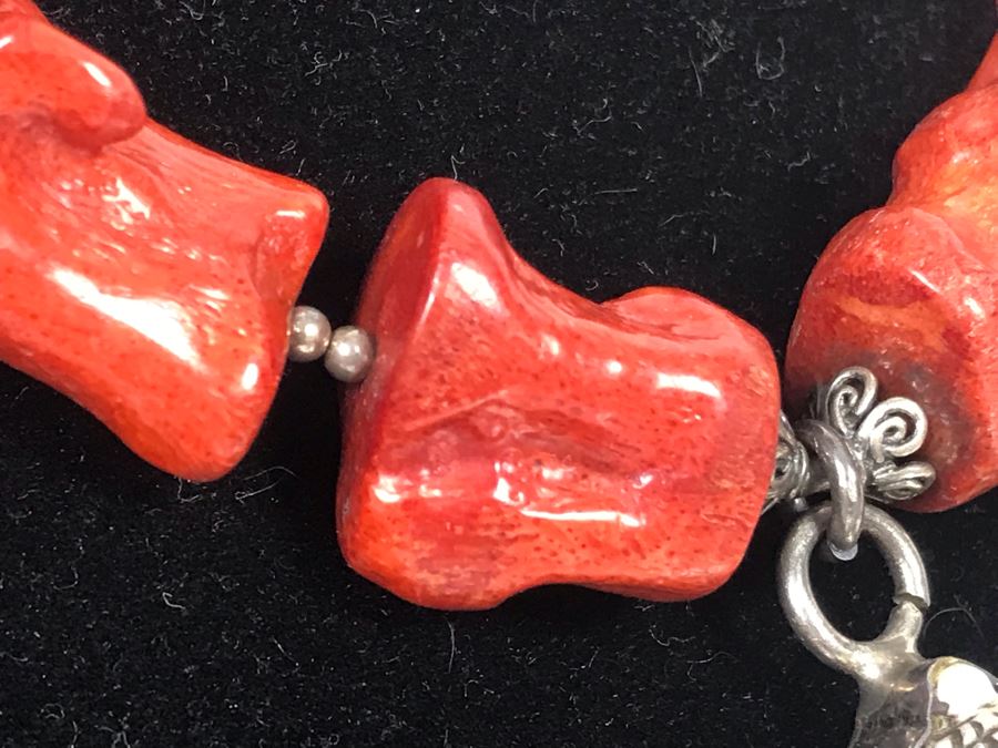 LAST MINUTE ADD - Stunning Red Chunky Coral Necklace With Carved Bone And Sterling Pendant [Photo 6]