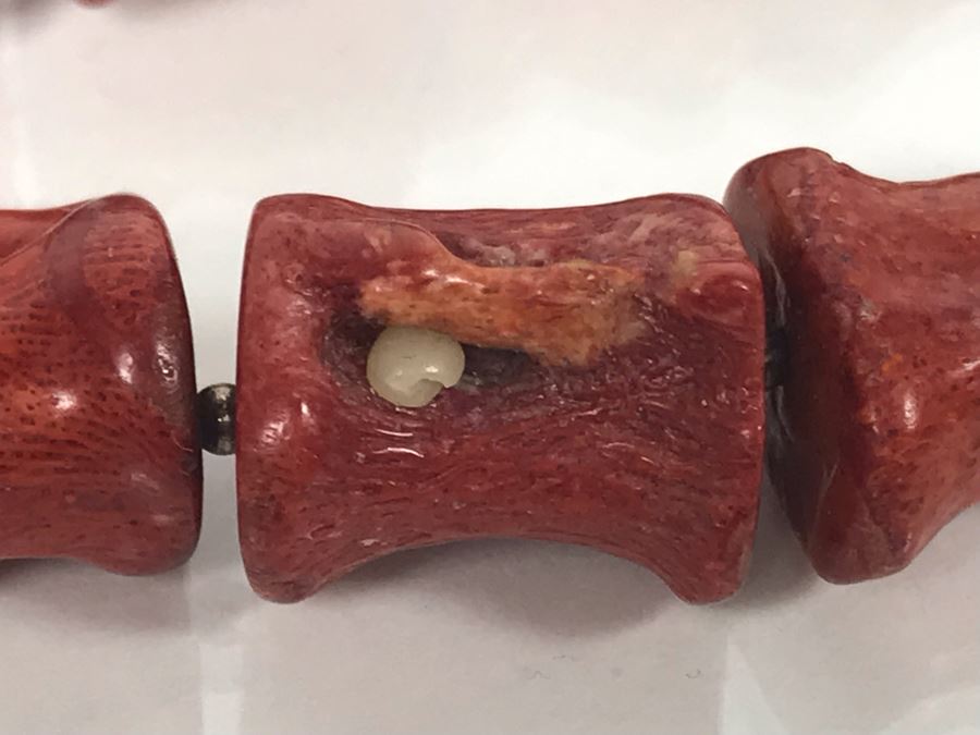 LAST MINUTE ADD - Stunning Red Chunky Coral Necklace With Carved Bone And Sterling Pendant [Photo 14]