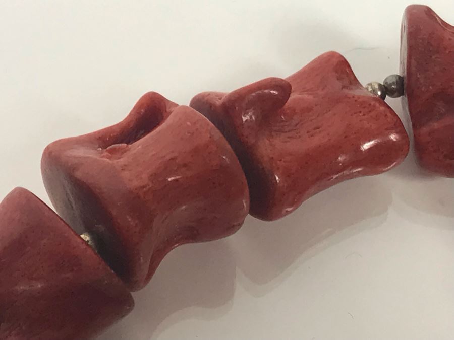 LAST MINUTE ADD - Stunning Red Chunky Coral Necklace With Carved Bone And Sterling Pendant [Photo 16]