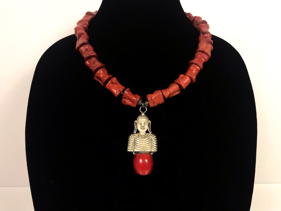 LAST MINUTE ADD - Stunning Red Chunky Coral Necklace With Carved Bone And Sterling Pendant [Photo 3]
