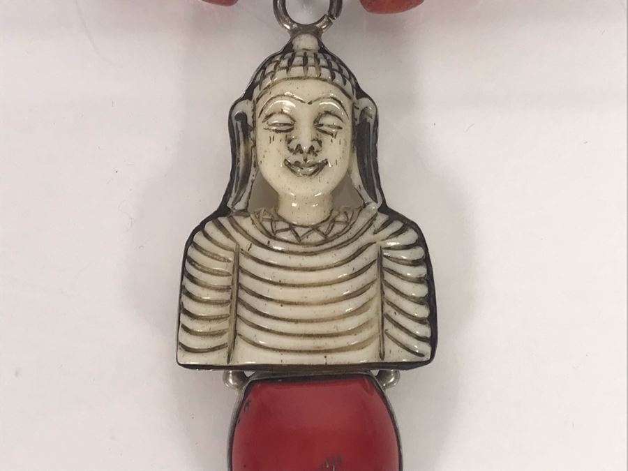 LAST MINUTE ADD - Stunning Red Chunky Coral Necklace With Carved Bone And Sterling Pendant [Photo 11]