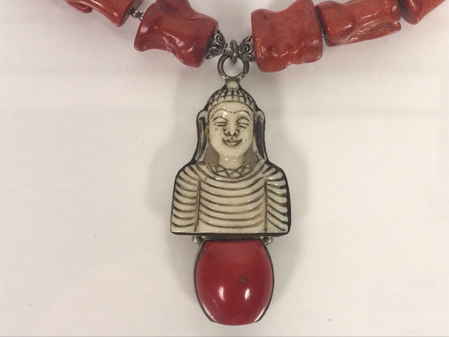 LAST MINUTE ADD - Stunning Red Chunky Coral Necklace With Carved Bone And Sterling Pendant [Photo 10]