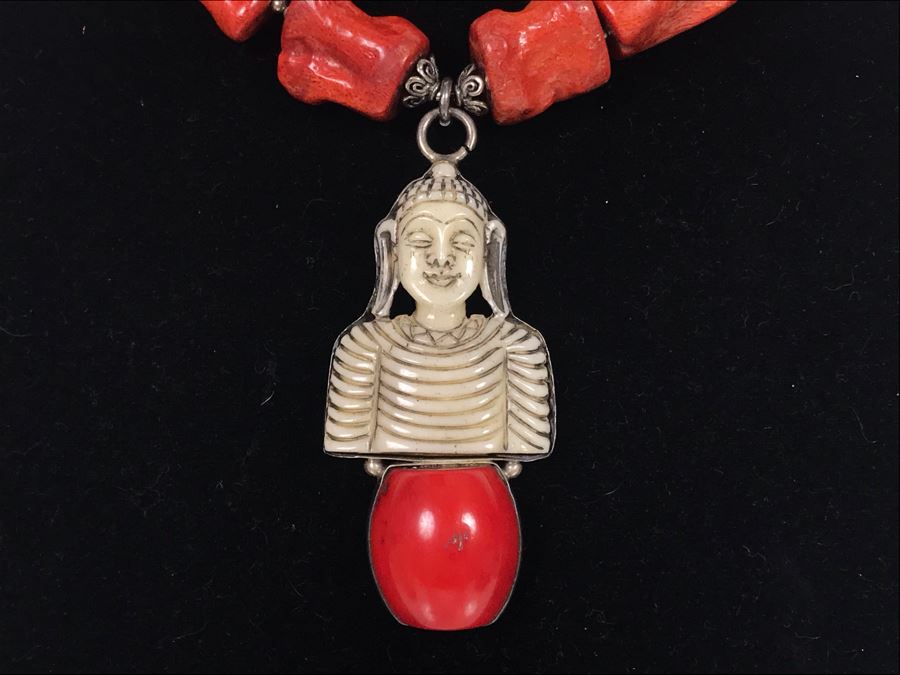 LAST MINUTE ADD - Stunning Red Chunky Coral Necklace With Carved Bone And Sterling Pendant [Photo 4]