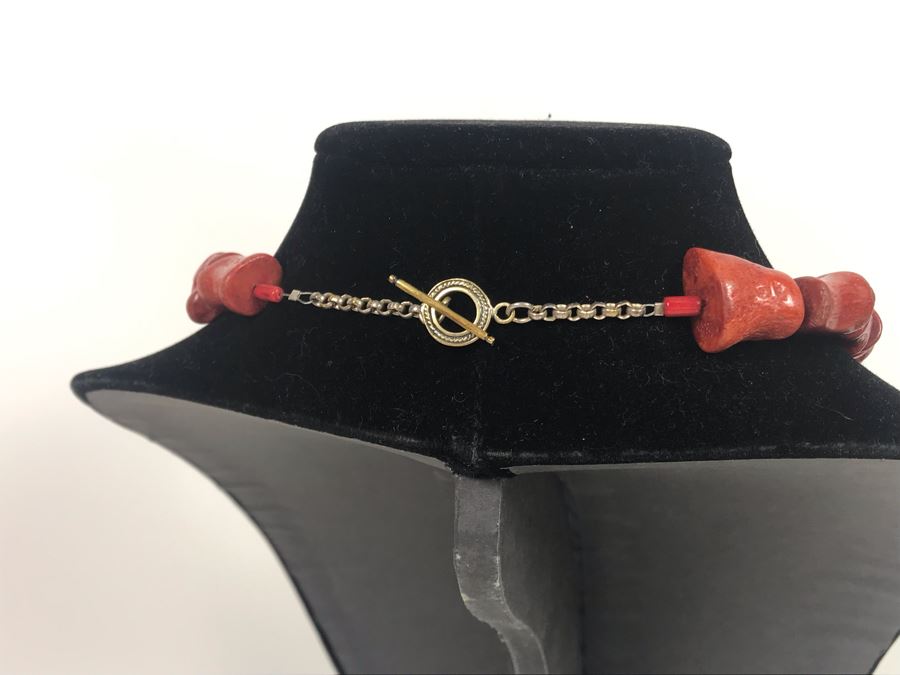 LAST MINUTE ADD - Stunning Red Chunky Coral Necklace With Carved Bone And Sterling Pendant [Photo 9]