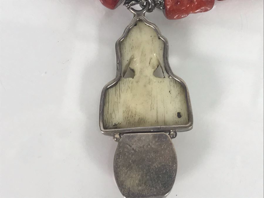 LAST MINUTE ADD - Stunning Red Chunky Coral Necklace With Carved Bone And Sterling Pendant [Photo 12]