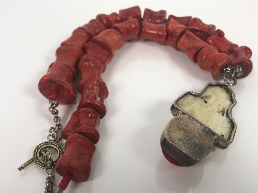 LAST MINUTE ADD - Stunning Red Chunky Coral Necklace With Carved Bone And Sterling Pendant [Photo 18]