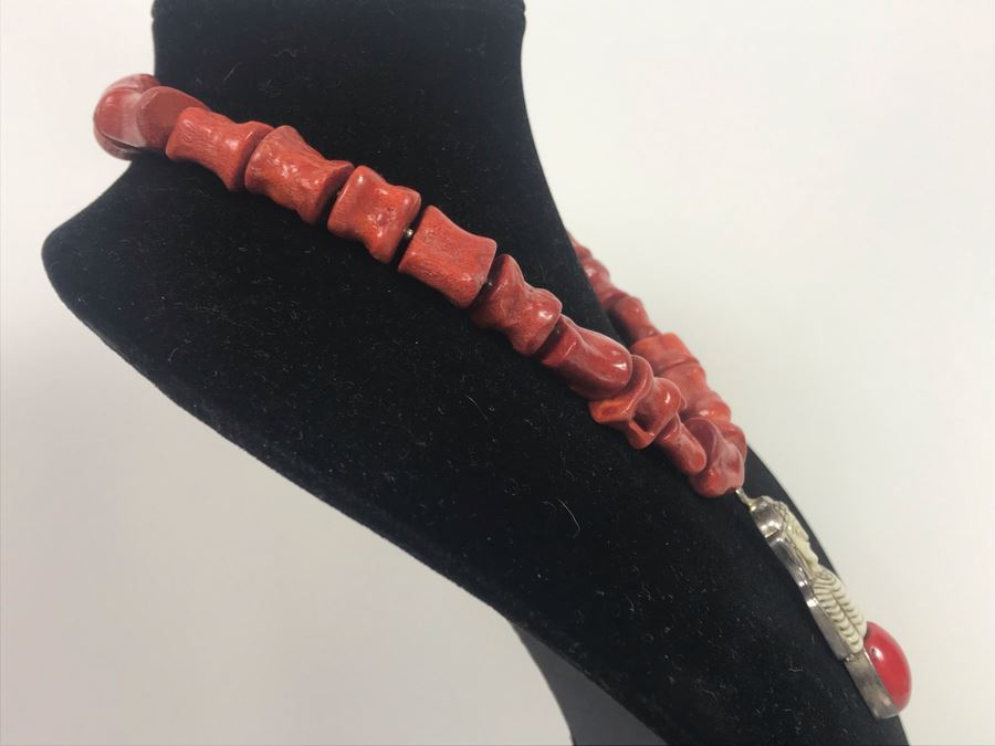 LAST MINUTE ADD - Stunning Red Chunky Coral Necklace With Carved Bone And Sterling Pendant [Photo 8]