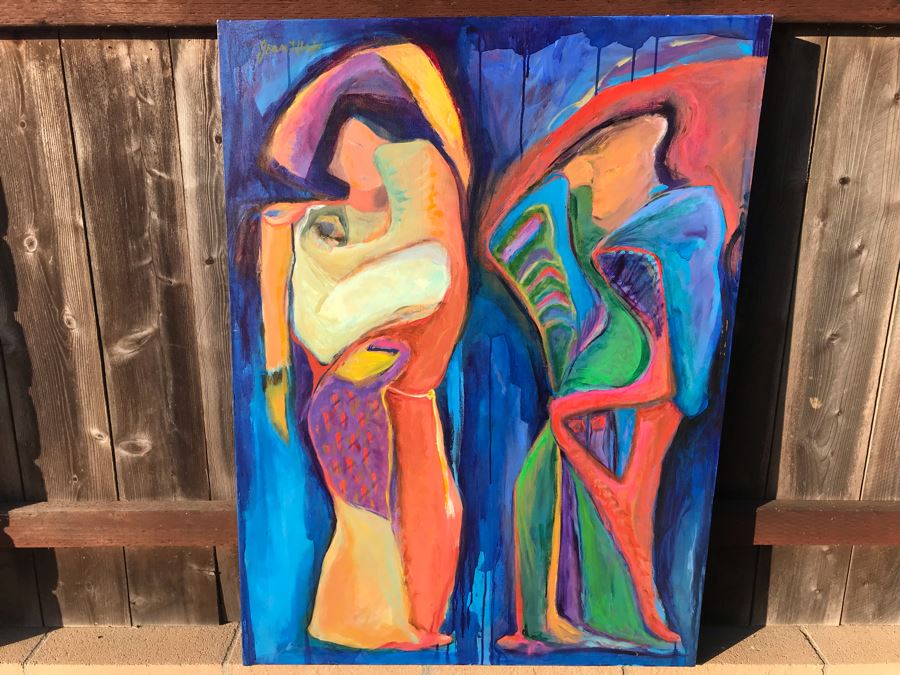 Original Jean Klafs Abstract Expressionist Framed Painting On Canvas Titled '2 Figures' 48 X 36 [Photo 2]