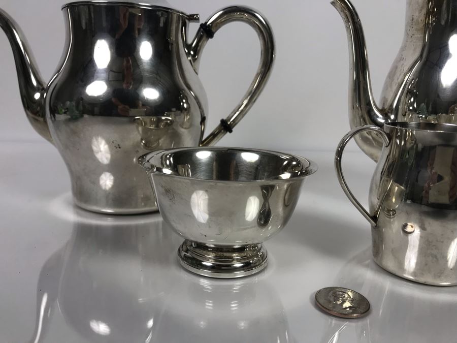 Sterling Silver Coffee Pot And Sterling Teapot With Pine Cone Finials And Sterling Creamer And Sugar Paul Revere Reproduction By International Silver Co (Sterling Weight: 1,452g Silver Value: $1,145) [Photo 4]