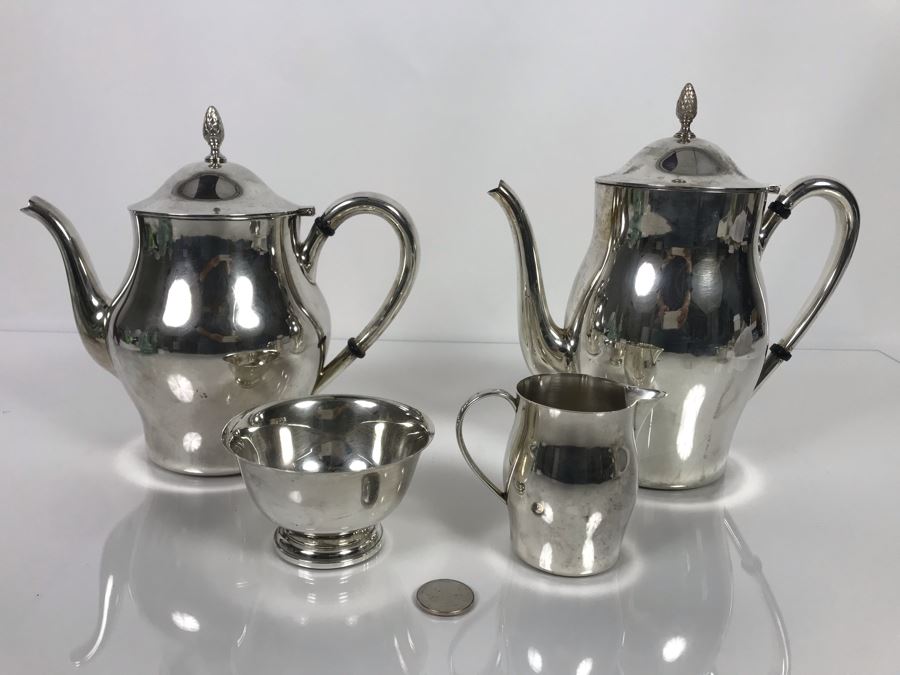 Sterling Silver Coffee Pot And Sterling Teapot With Pine Cone Finials And Sterling Creamer And Sugar Paul Revere Reproduction By International Silver Co (Sterling Weight: 1,452g Silver Value: $1,145) [Photo 2]