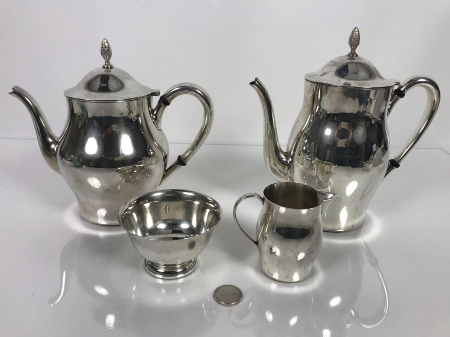 Sterling Silver Coffee Pot And Sterling Teapot With Pine Cone Finials And Sterling Creamer And Sugar Paul Revere Reproduction By International Silver Co (Sterling Weight: 1,452g Silver Value: $1,145) [Photo 3]