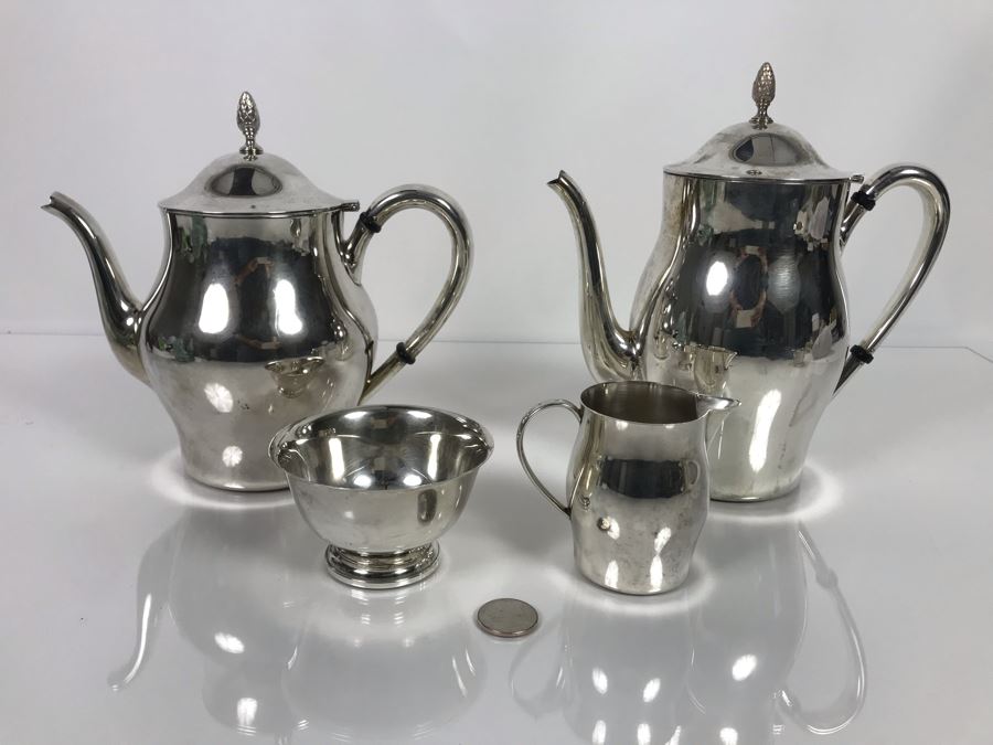 Sterling Silver Coffee Pot And Sterling Teapot With Pine Cone Finials And Sterling Creamer And Sugar Paul Revere Reproduction By International Silver Co (Sterling Weight: 1,452g Silver Value: $1,145) [Photo 1]