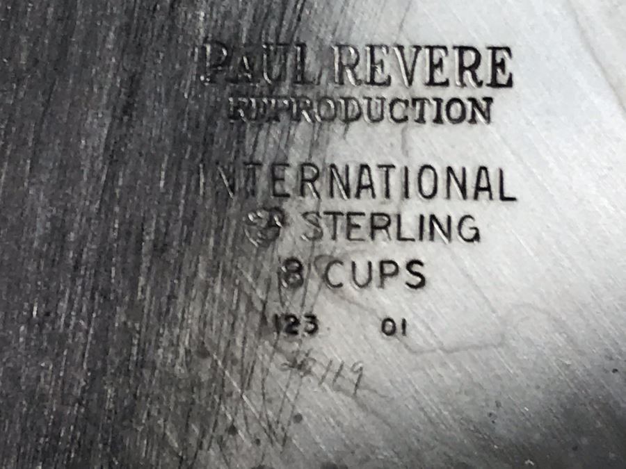 Sterling Silver Coffee Pot And Sterling Teapot With Pine Cone Finials And Sterling Creamer And Sugar Paul Revere Reproduction By International Silver Co (Sterling Weight: 1,452g Silver Value: $1,145) [Photo 10]