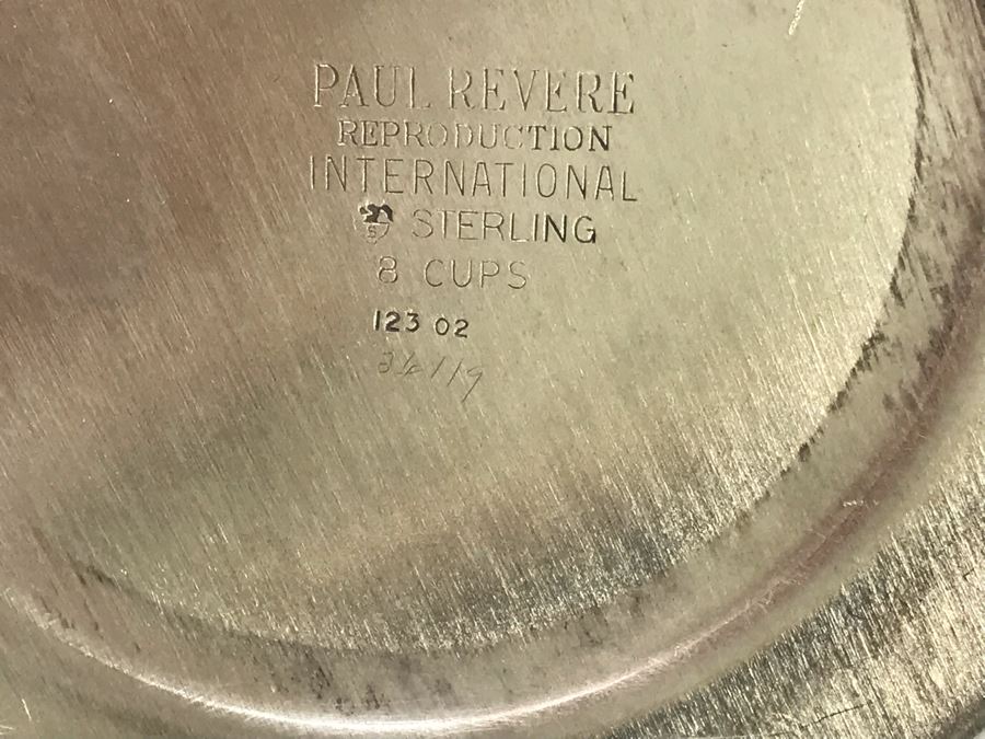 Sterling Silver Coffee Pot And Sterling Teapot With Pine Cone Finials And Sterling Creamer And Sugar Paul Revere Reproduction By International Silver Co (Sterling Weight: 1,452g Silver Value: $1,145) [Photo 9]