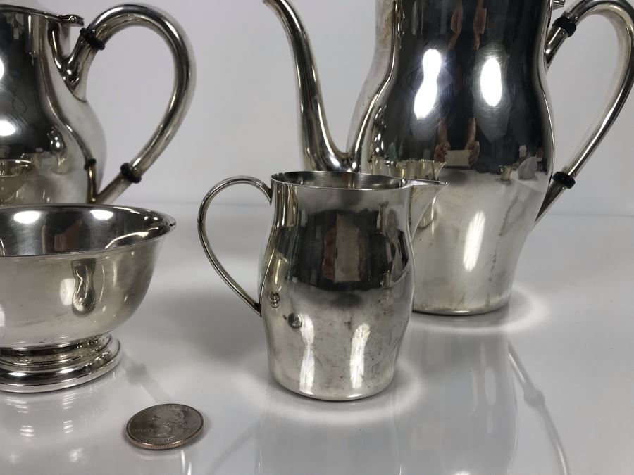 Sterling Silver Coffee Pot And Sterling Teapot With Pine Cone Finials And Sterling Creamer And Sugar Paul Revere Reproduction By International Silver Co (Sterling Weight: 1,452g Silver Value: $1,145) [Photo 5]