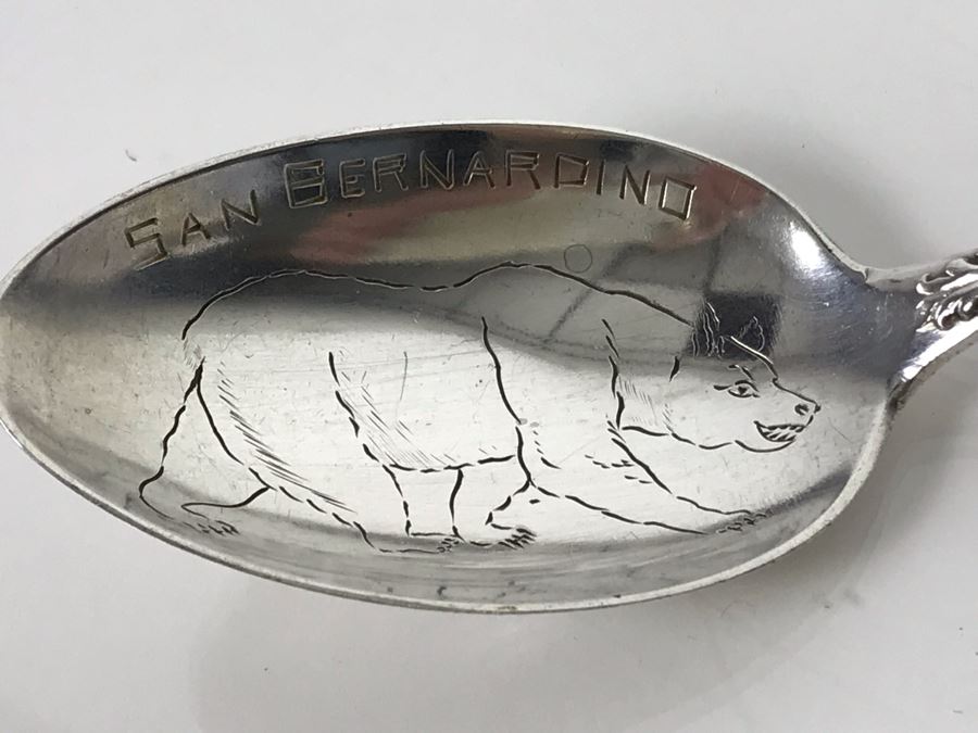Pair Of Ornate Vintage Sterling Silver California Tourist Spoons From Riverside And San Bernardino (Sterling Weight: 42.8g, Silver Value: $33) [Photo 4]