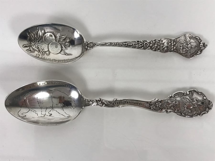 Pair Of Ornate Vintage Sterling Silver California Tourist Spoons From Riverside And San Bernardino (Sterling Weight: 42.8g, Silver Value: $33) [Photo 3]